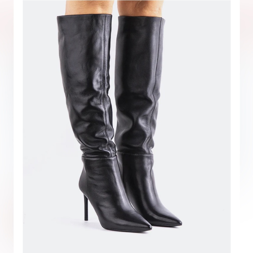 L’INTERVALLE Allister Black Leather Women's Knee-High Stiletto Boots | 9 - Picture 4 of 7